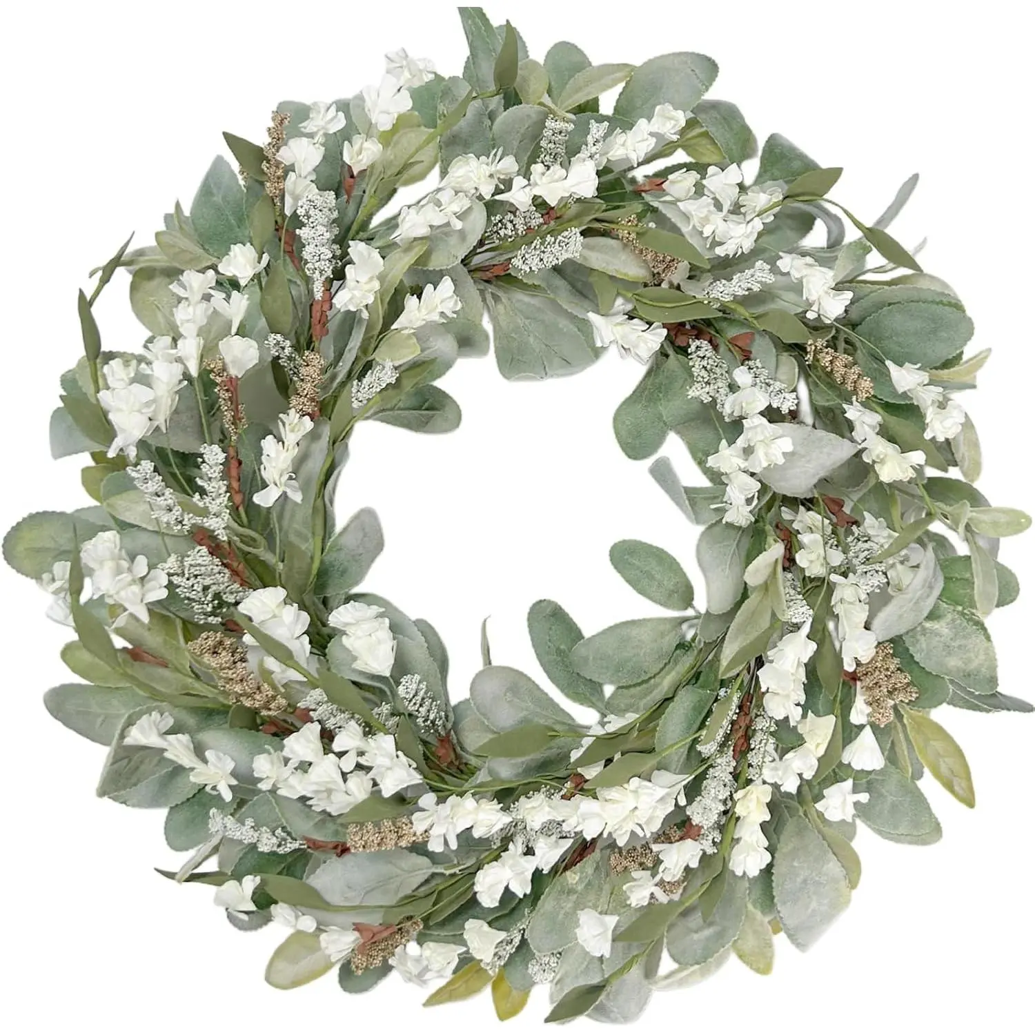 22 Inch Spring Summer Lamb Ears Leaves Wreath with Ivory Forsythia Flower, Year Round Greenery Floral Wreath for Front Door, All Seasons Rustic Farmhouse Everyday Wreath for Indoor Outdoor Decor