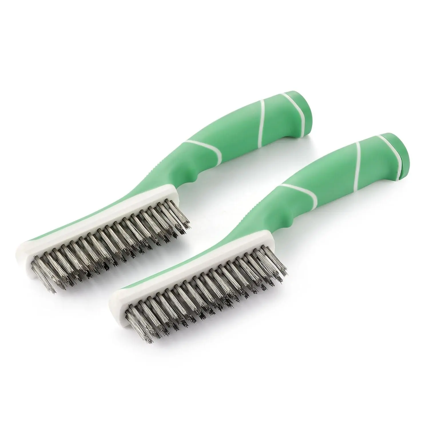 2-Count Stainless Steel Bristle Wire Brush, 11 Inches 4x16 Row Durable Heavy Duty Hand Tool with Rubber-Coated Plastic Handle, for Household Cleaning, Automotive Cleaning, Grill Rust Removal, Welding (Green)