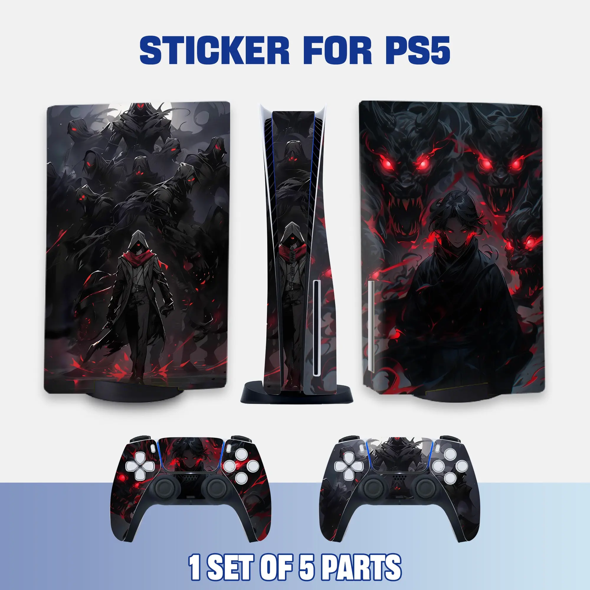 Dark Shadow Hunter with Red Flame Style PS5 Disc Edition Vinyl Skin Sticker for Console & Controllers, Waterproof, Scratch-Resistant, Dustproof, Removable & No Residue, Decal Sticker
