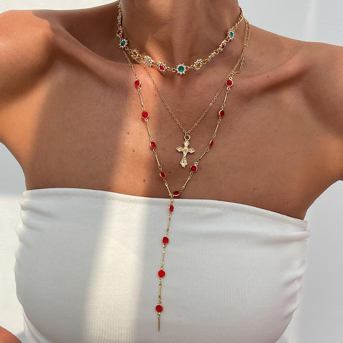 3Pcs Cross Flower Crystal Necklace Set Rhinestone Inlay Layered Chain Dainty Trendy Stackable Jewelry Copper Plated Fashion Minimalist Cute Accessories for Women Girls Daily Party Dating Casual Street Style Wear