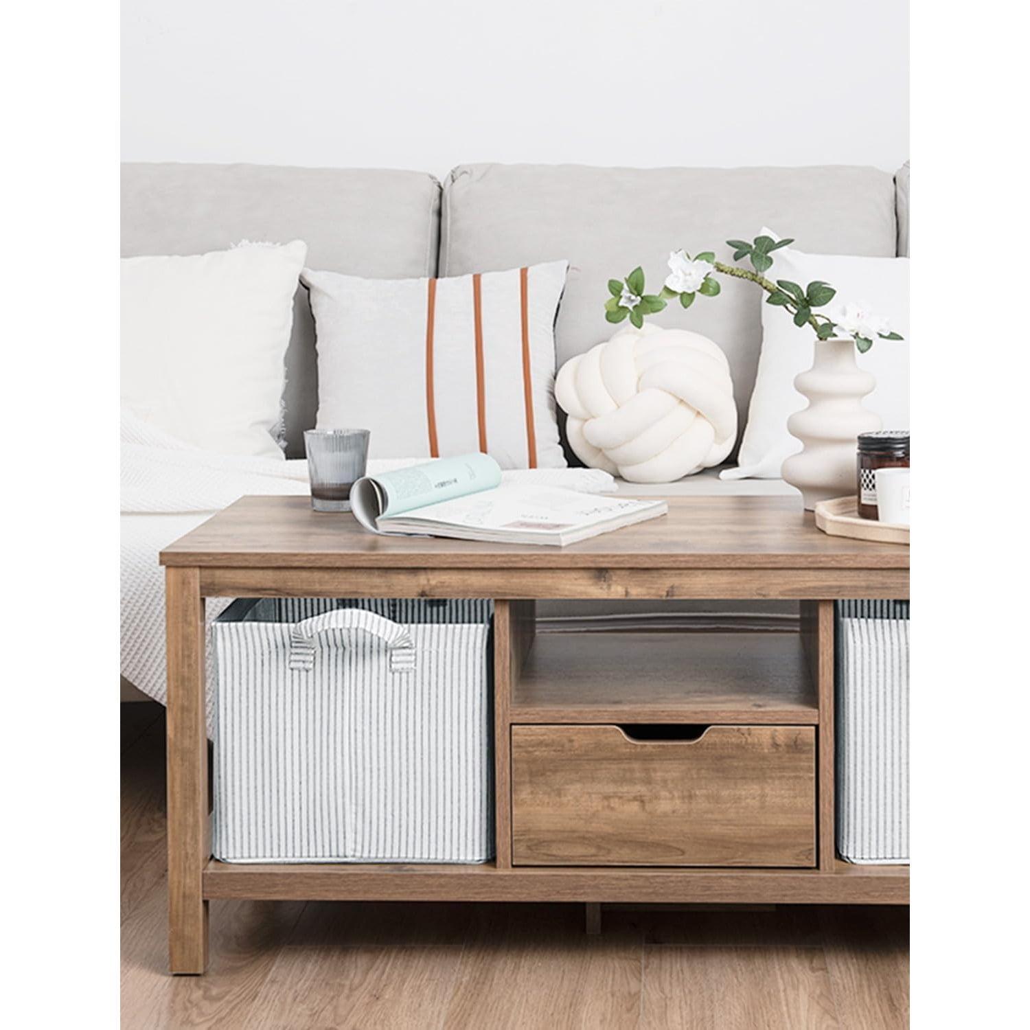 2-Pack Large Fabric Storage Bins for Shelves, Khaki and Beige Striped Storage Baskets with Metal Frame and Handles, Foldable Closet Organizer Bins