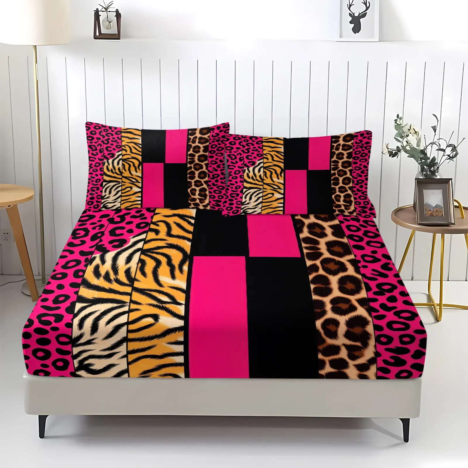 3-Piece Spliced Bright Pink Leopard, Tiger & Zebra Print Fitted Sheet Set & 2 Coreless Pillowcases, Deep Pocket Anti-slip Mattress Cover, Soft, Skin-friendly & Breathable Fabric, Animal Print Heart Themed Bedding, Wild Romantic Cool Style Bedroom Decor