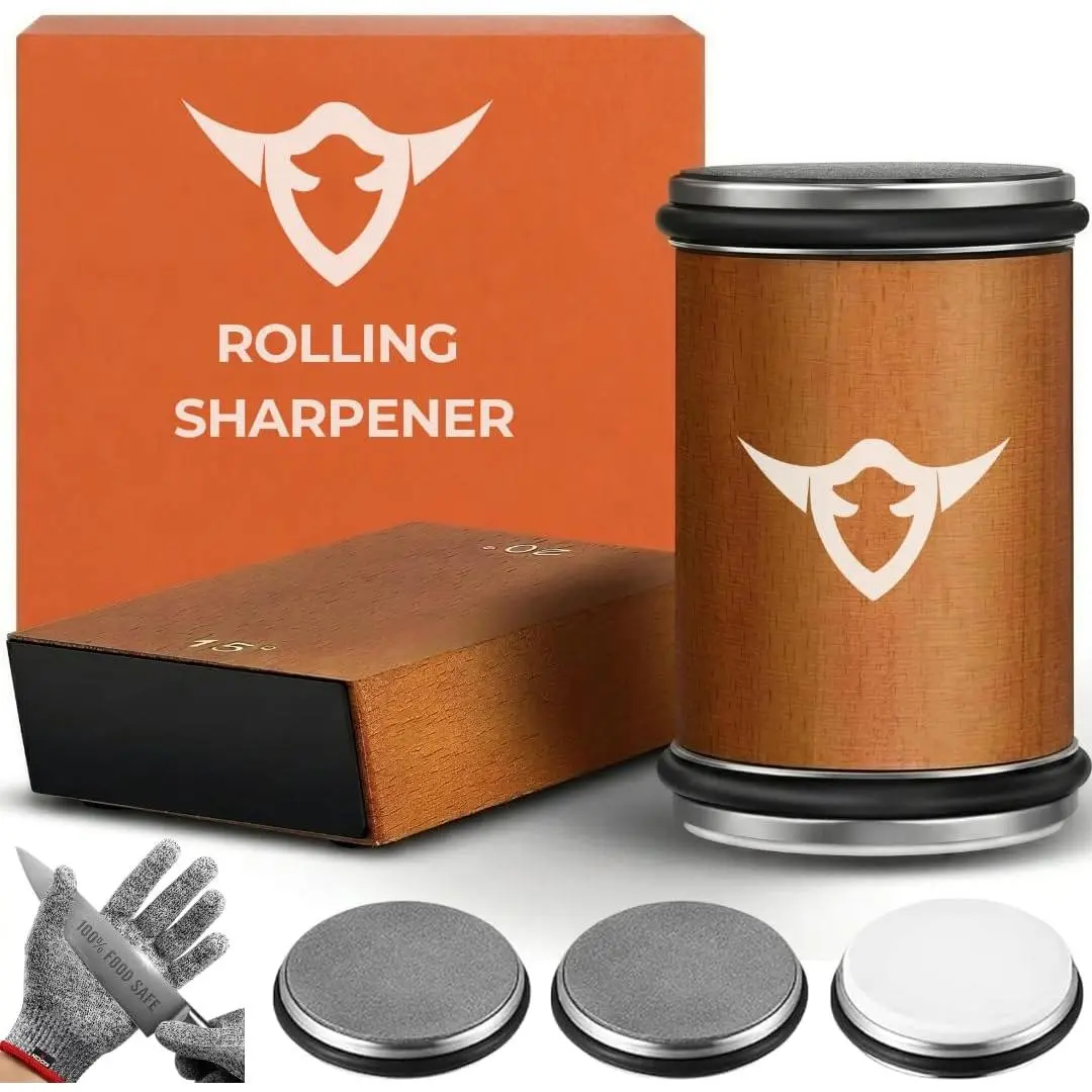 High Carbon Stainless Steel Rolling  Sharpener Kit | 400, 1000 & 3000 Grit Discs –15° & 20° Sharpening Angles | Professional &  Kitchen Use | Restores Blunt
