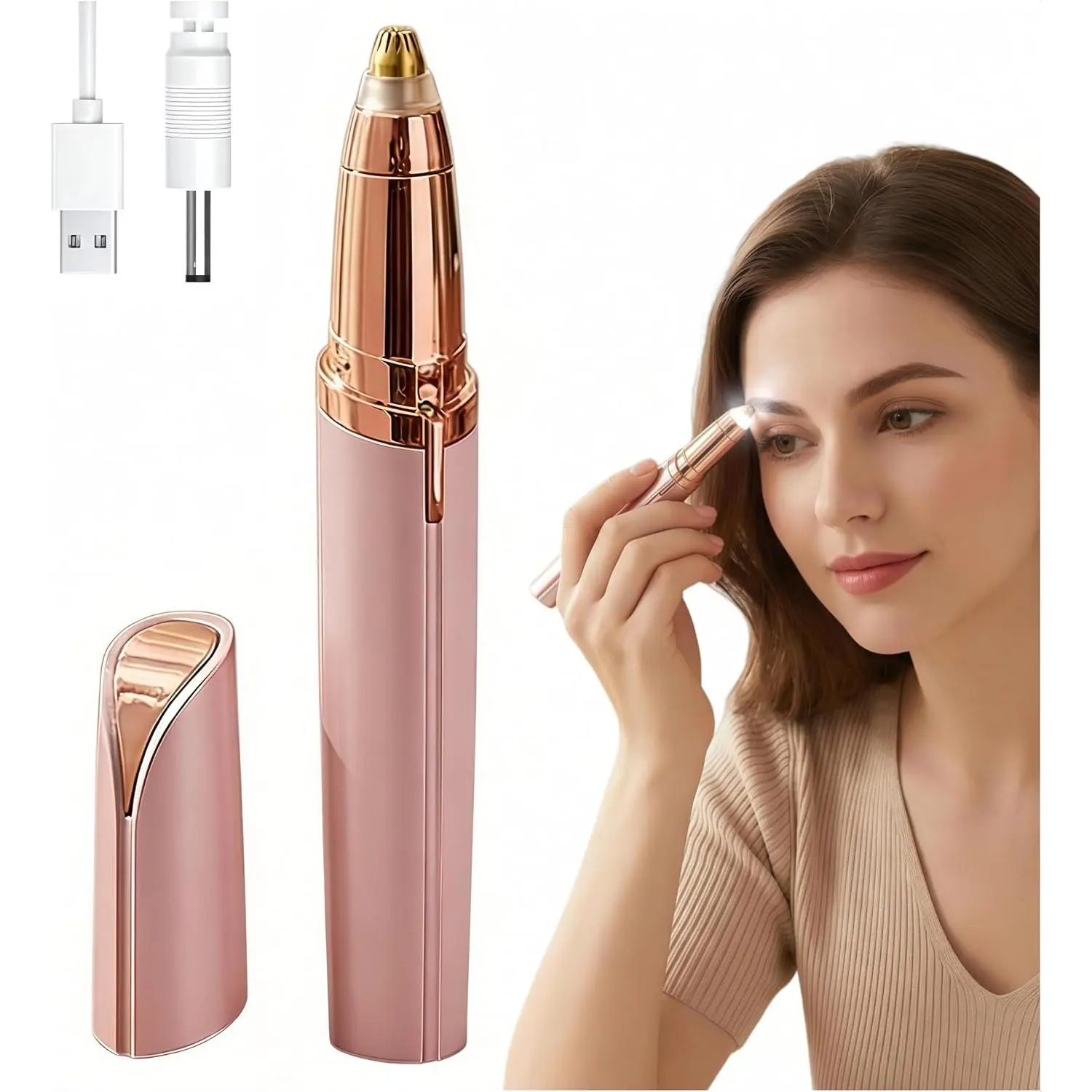 Electric Eyebrow Trimmer for Women, Tiny Lipstick-Sized Painless Precision Razor for Face and Lip Smoothing - USB Rechargeable with LED Light, Eyebrow Facial Trimmer, Flawless, Usb Port, Usb Cable
