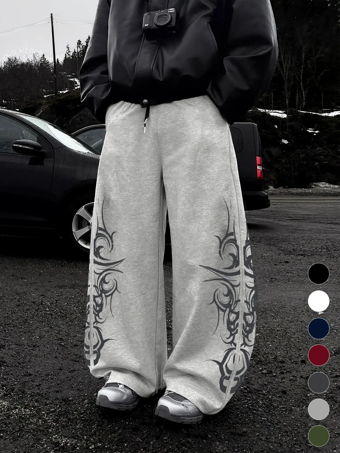 Y2K Skull Totem Wide Leg Sweatpants, Seven Colors, Graphic Print, High Waist, Drawstring Adjustable, Loose Fit, Casual Streetwear Long Pants