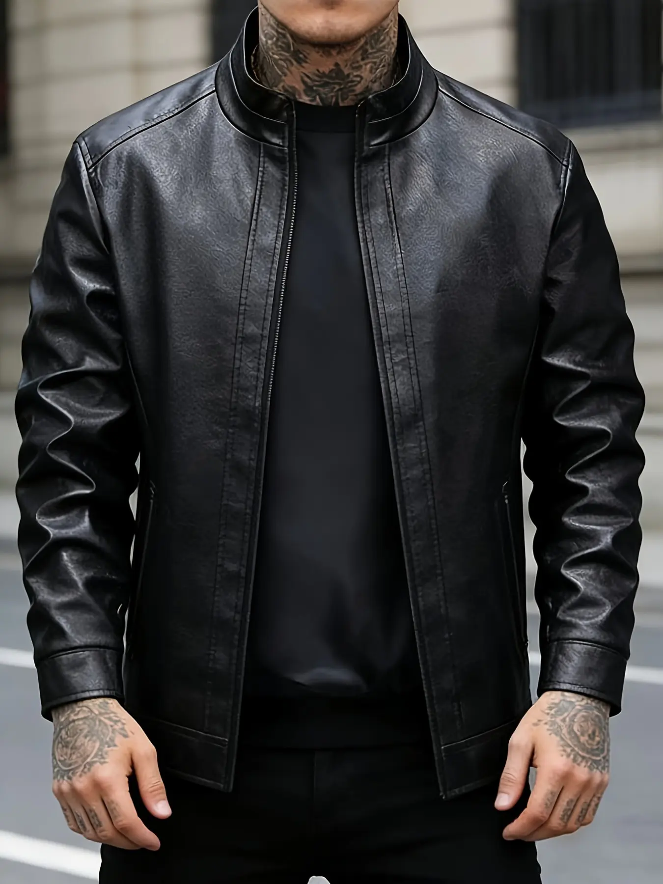 Men's Spring Summer Stand Collar Trendy Leather Jacket, Mature Street Style, High-Quality Fabric, Perfect for Casual Wear