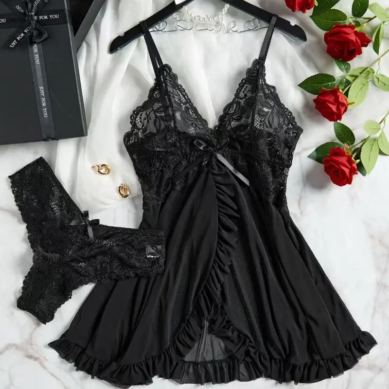 Ladies Multi-Size 2-Piece Cotton Intimate Set, Ruffled Spaghetti Strap Top Paired With Matching Bottoms, Delicate Bow Accents And Sheer Floral Lace Details, Light Romantic Garment Perfect For Romantic Private Nights And Special Intimate Occasion Outfits