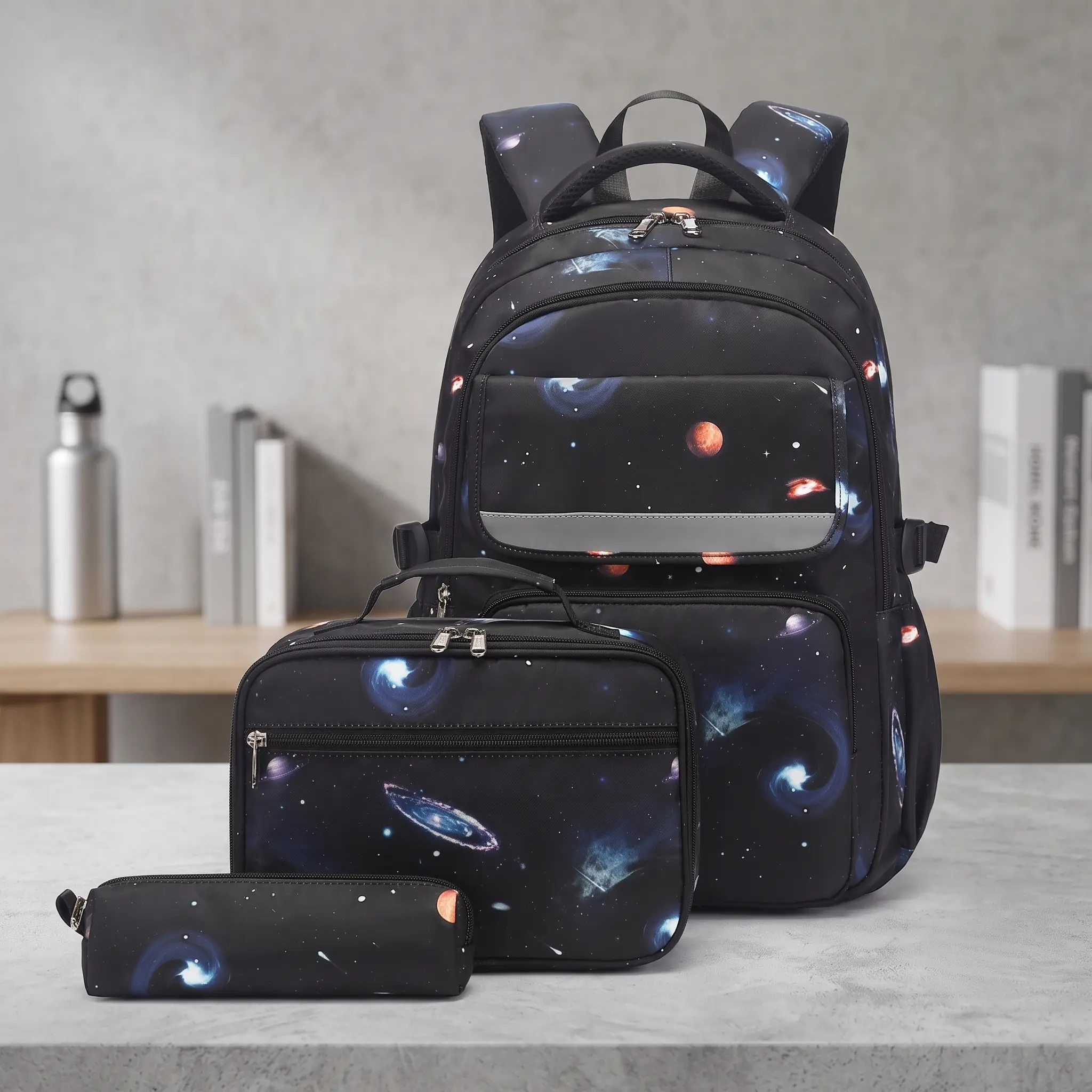 Boys' 3PC Galaxy Print Backpacks for School, Waterproof Nylon Breathable Medium-Size Multi-Pocket Double-Shoulder Laptop Daypack, Prop 65 Safe for Teens Students, Full-Length, School Commute, Chic Look, All Seasons