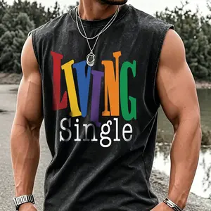 "Living Single" Tank Top, Rainbow Colorful Text Graphic Vest, Funny Single Pride Unisex Casual Sleeveless Streetwear