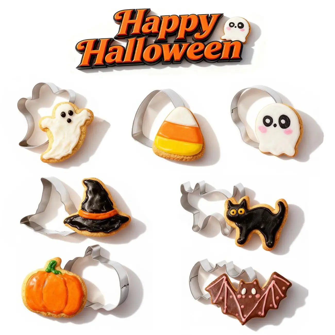 7-Piece Halloween Cookie Mold Set, Bat Witch Hat Pumpkin Cat Molds, Stainless Steel, Dishwasher Safe, DIY Party Cake Decor Kit