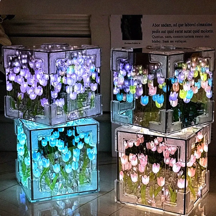 Tulip Night Light Led, Illuminated Night Light, DIY Magic Cube Tulips Flower Aesthetic Table Lamp 20 Flowers Decorative Nights Lamp , Ambient Lights, Handmade and Mirror 2 In 1, for Mothers Day Valentine's Day Birthday Gifts Bedroom Decor