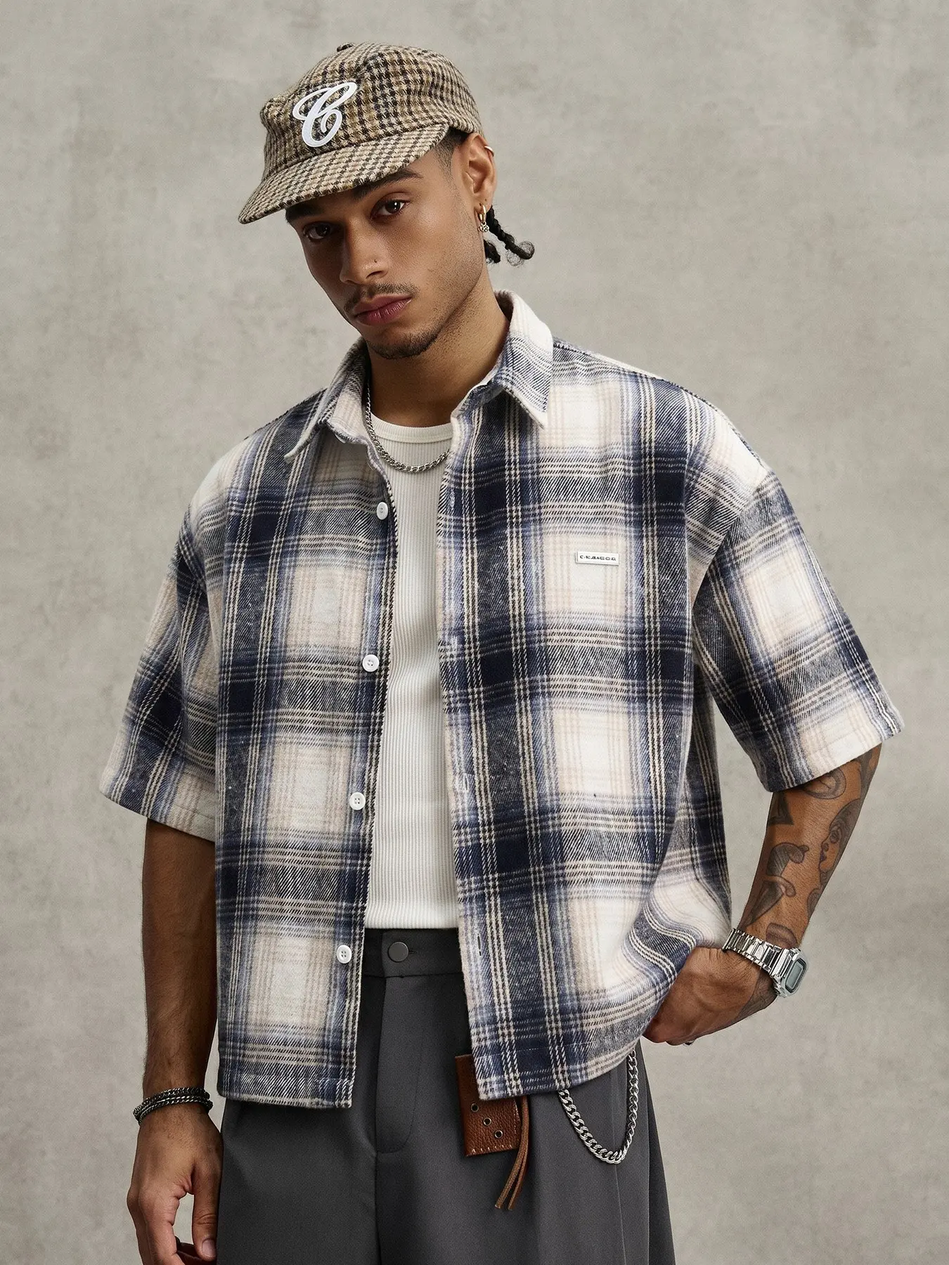 Vintage Navy Off White Plaid Oversized Flannel Short Sleeve Shirt Casual Streetwear Clothes Unisex Casual Summer Streetwear, Drop Shoulder Baggy Check Button Down Layering Top For Skate Campus Daily #springsale2026 #fyp #vintagestyle