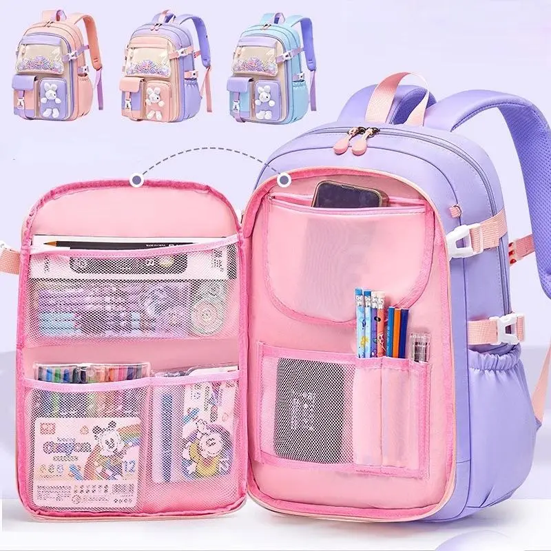 Primary School Backpack 1-5 Grade Cute Colorful School Bag For Girls Waterproof Large Capacity Cartoon rabbit Mochila Escolar