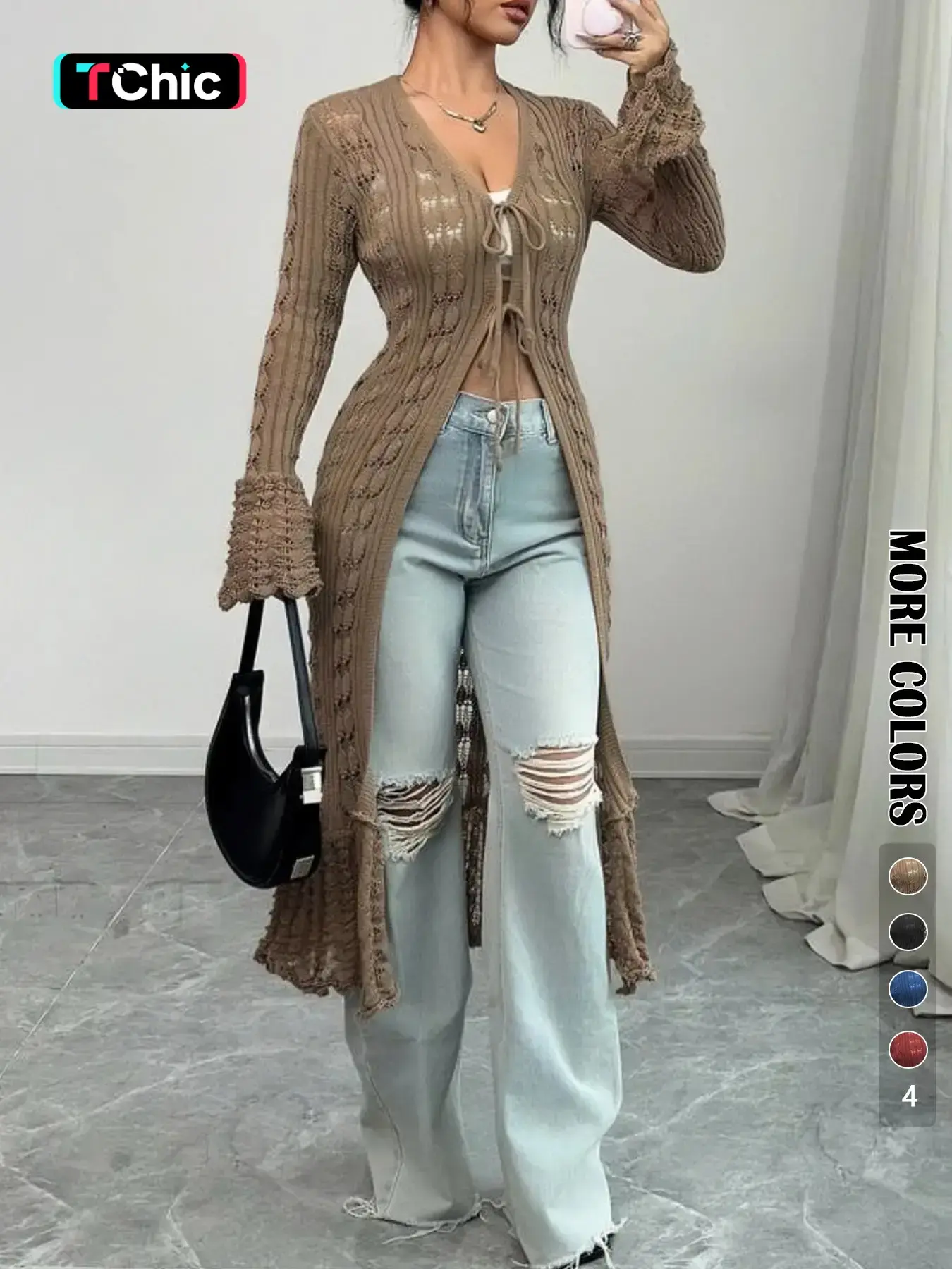 Women's Solid Color Long Sleeve Knitted Cardigan, Chic Elegant Fashion Casual Fit Tie Front Adjustable Cardigan, Women Knitwear for Daily Outdoor Wear, Womenswear, Tops
