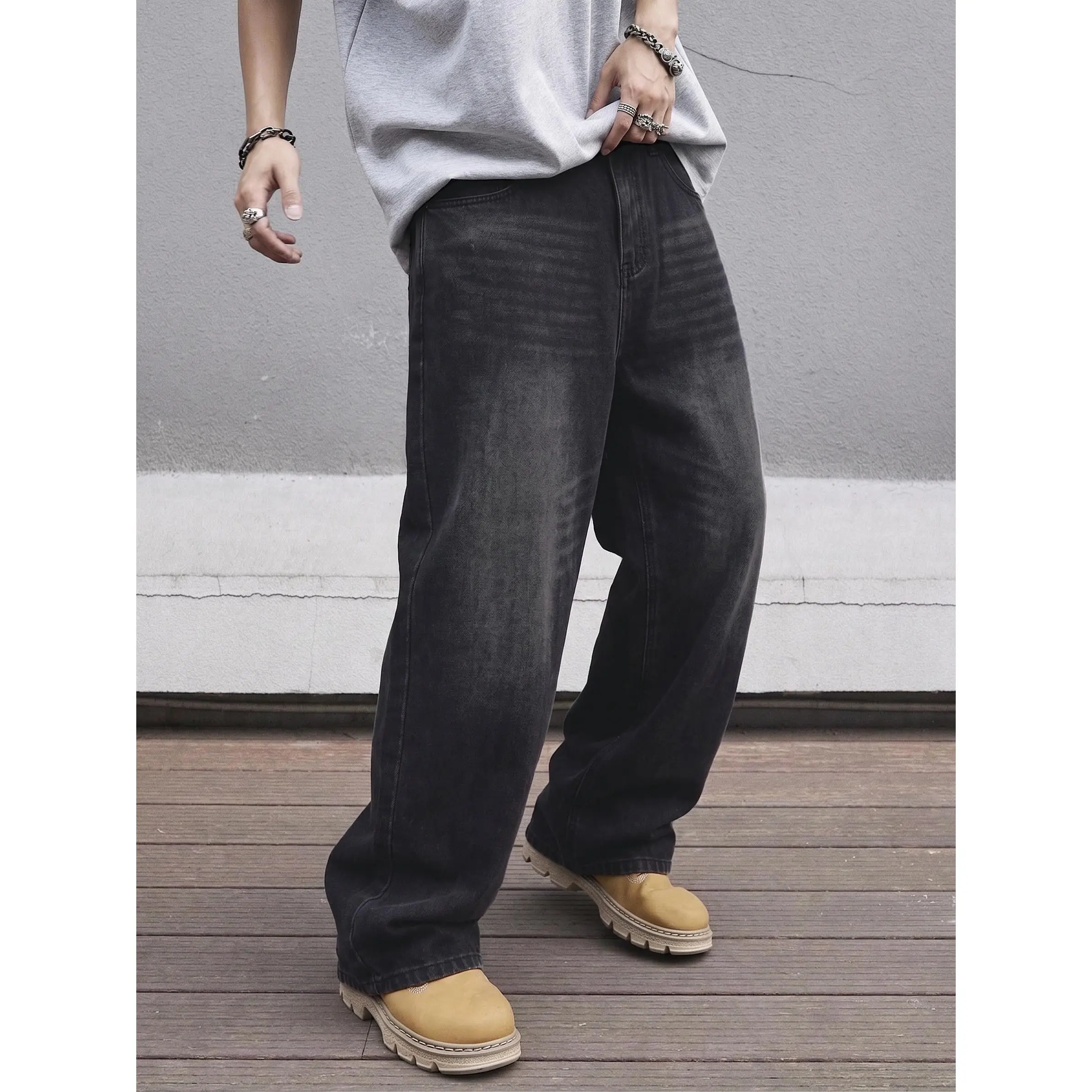 Men's Baggy Wide Leg Jeans,Vintage Washed Black Denim Pants,Y2K Grunge Slouchy Skater Jeans,Retro Loose Fit Charcoal Streetwear Trousers,baggy jeans men,mens jeans,high street fashion,men jean pant,casual fashion jean