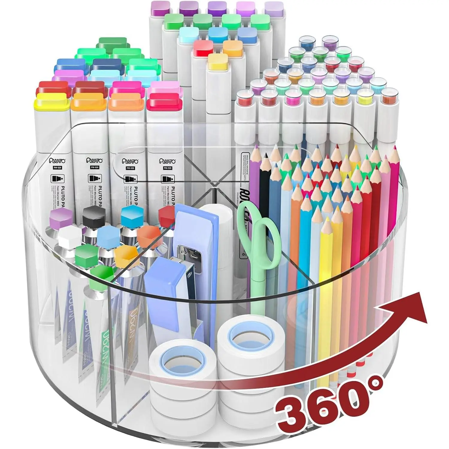 250pcs Acrylic Pencil Holder Marker Organizer, 360-Degree Rotating Pen Holder, Crayon Organizers for Kids Pencil Organizer Caddy Art Supply Lazy Susan Organizer for Desk Home School OfficeGift