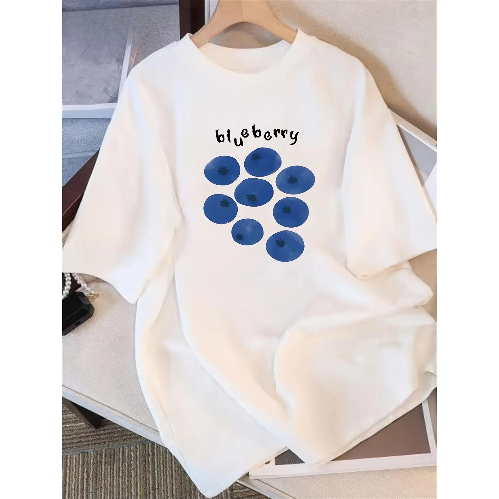 Watercolor Blueberry Fruit Graphic T‑Shirt, Oversized Comfort Cotton Short Sleeve Top, Cute Fashion Printed Craft Tee, Food Aesthetic Casual Outfit, Best Valentine’s Day Gift for Fruit Lovers Family Friends, Fresh Holiday Present for Him Her