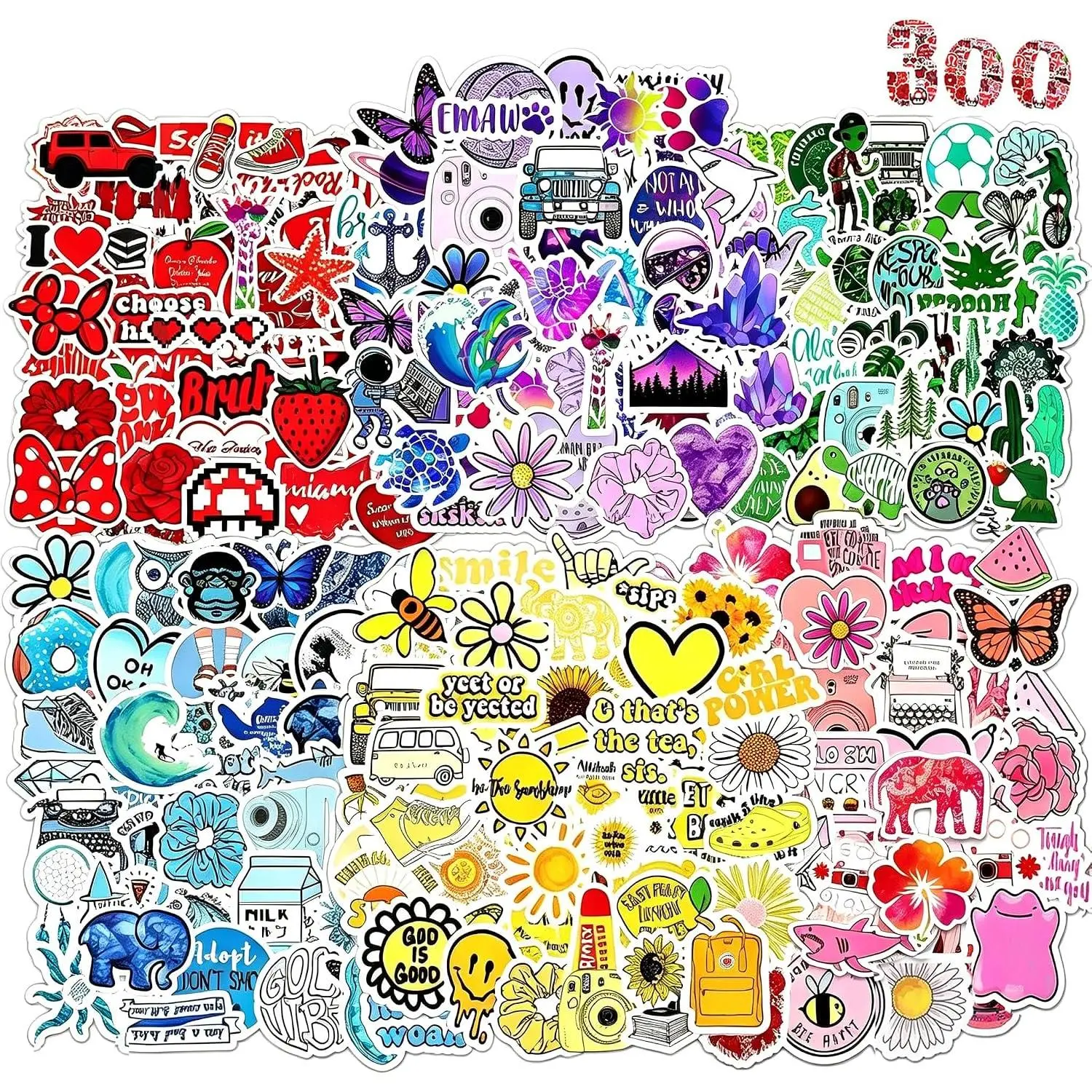 Water Bottle Stickers 300 Pcs Colorful Fun Sticker Pack, Waterproof Vinyl Stickers for Water Bottles Laptop Scrapbook Journal Luggage Tumbler Skateboard Notebook Guitar Scooter Cup Binder Diary etc