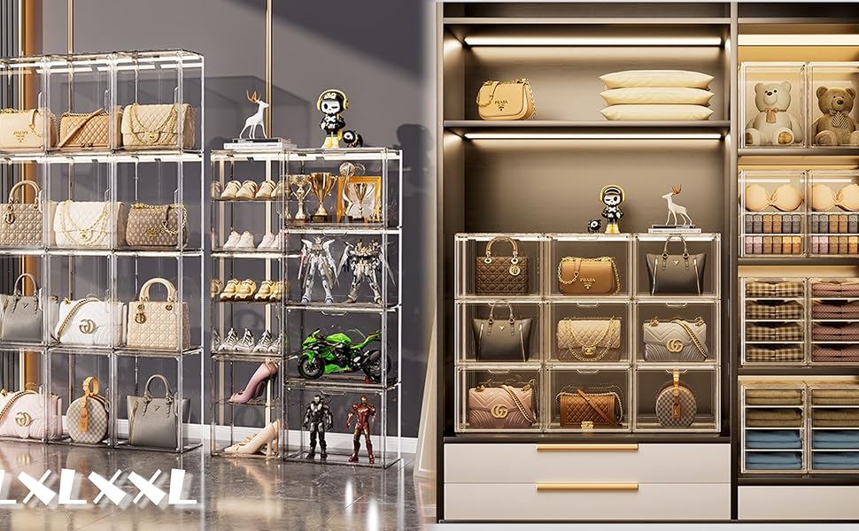 Acrylic Box Display Case, Clear Plastic Stackable Storage Bins with Magnetic Attraction Lid, Showcase for Cosmetic, Large Figures Collectibles (5 Pack, X-Large) Acrylic Box Display Case, Clear Plastic Stackable Storage Bins with Magnetic Attraction Lid, Showcase for Cosmetic, Large Figures Collectibles (5 Pack, X-Large)