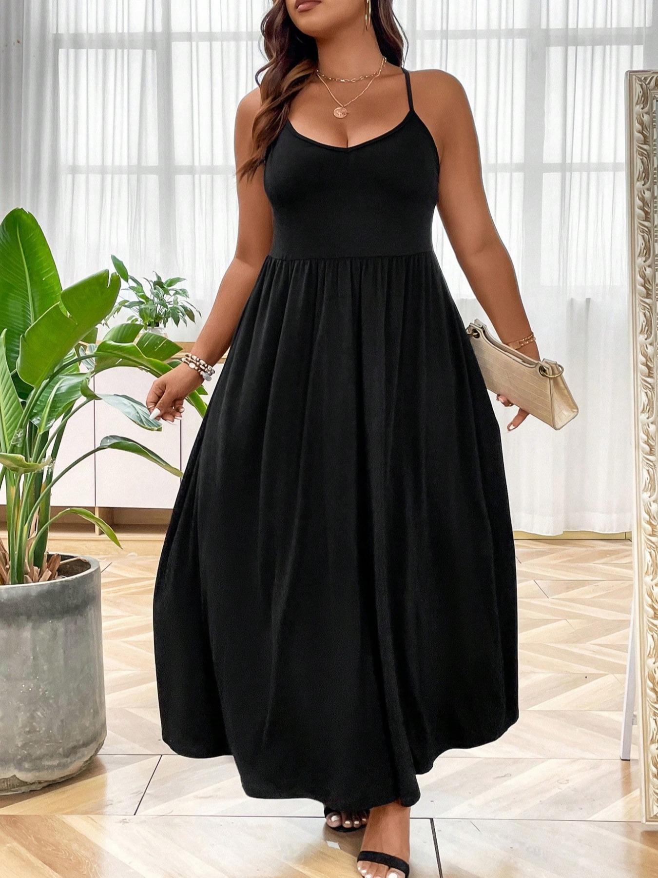 Plus Size Criss Cross Backless Cami Dress, Casual Solid Sleeveless Spaghetti Strap A-Line Dress for Summer, Women's Clothes for Party Holiday Elegance