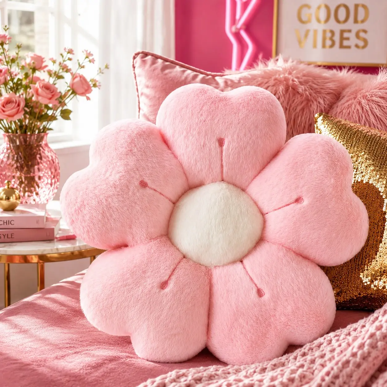 1PC Floral Pillow, Home Decorative Cushion, Crafted From Soft Faux Rabbit Fur, Features Five Embroidered Petals Adorning the Cushion, Suited for Spring and Summer Decor in Home, A Springtime Gift for Friends and Family