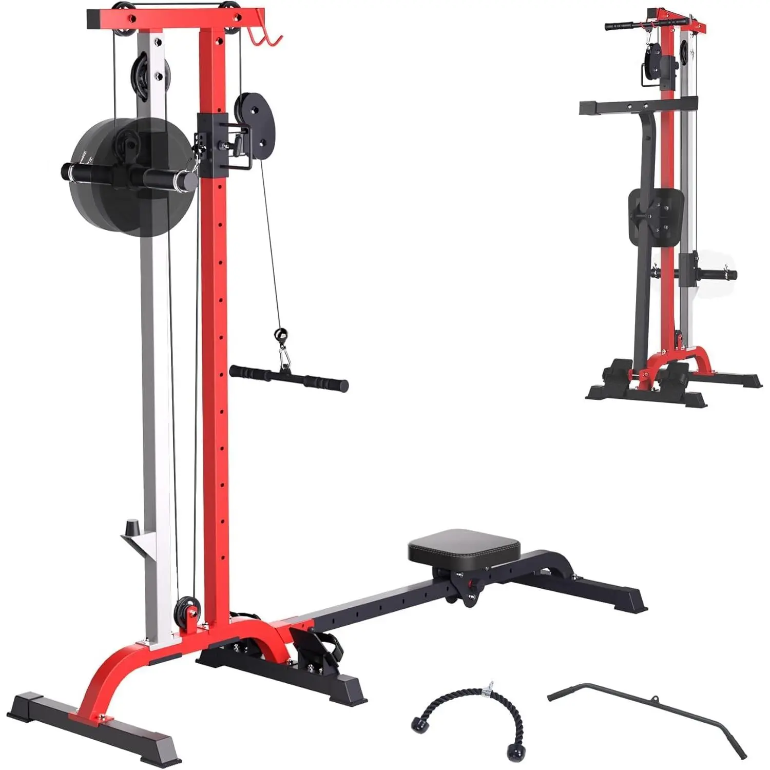 Multi-Function Rowing & Cable Machine, 2 in 1 LAT Pull Down Machine for Home Gym, Adjustable Weight and Seat, High and Low Pulley Station, LAT Bar and Cable Bar Compact Rowing Machine, Black&Red