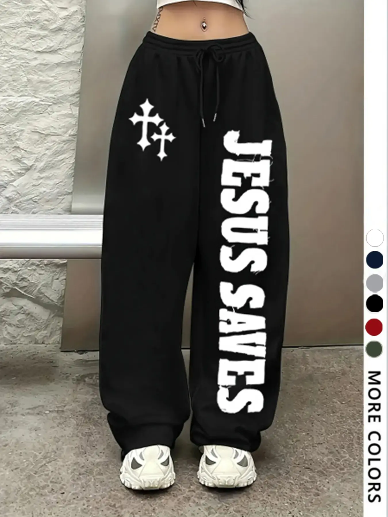 Women's Casual Sporty Long Pants, Jesus Saves Letter Print, Drawstring Adjustable Loose Wide Leg, Oversized, Baggy, All Season Fashion, H-Type Silhouette
