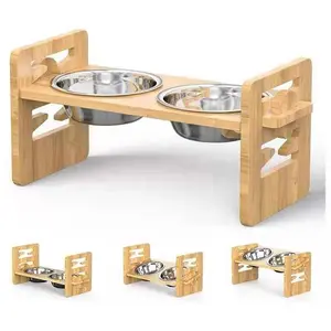 Adjustable Elevated Dog Bowl, Durable Pet Feeder with 2 Stainless Steel Plates, Suitable for Small Puppies and Cats, Bamboo Wood Dog Bowl