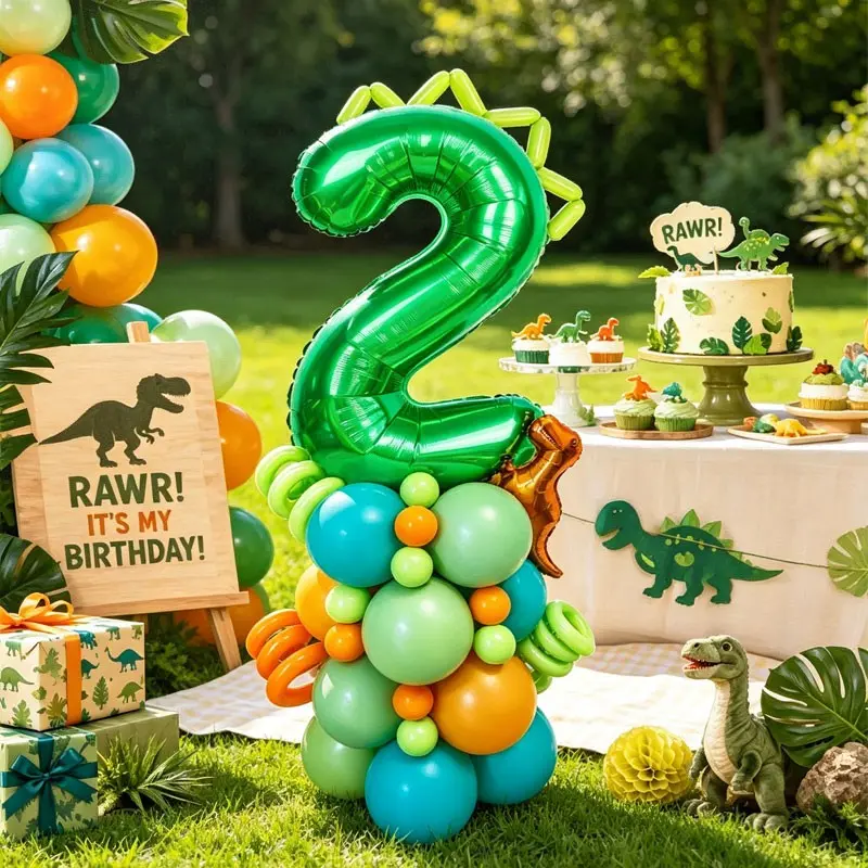 33-Piece Dinosaur Theme Number Column Set,Includes 32-inch green digital balloon, Mini T-Rex Balloons, Latex Balloons，Suitable for a dinosaur-themed birthday party，Dinosaur Park Anniversary Decoration，Dinosaur Science Class for Kindergarten