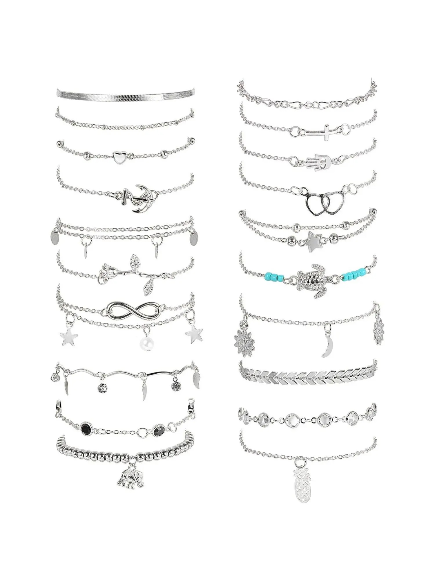 Adjustable Mixed Charm Alloy Anklet Set, 20 Pieces Gloss Silvery Lightweight Unisex Foot Jewelry, Flexible Accessory Combinations, Perfect Leg Ornaments for Daily Wear, Beach Strolls, Weekend Shopping & Night Out