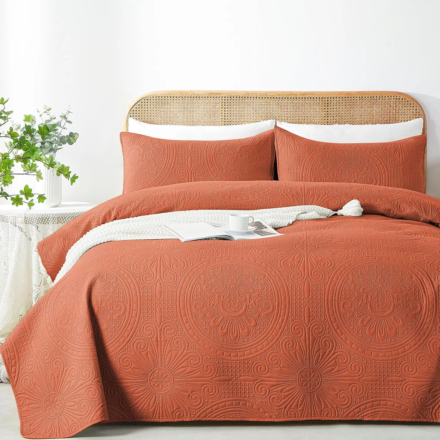 Burnt Orange 3-Piece Full/Queen Ultrasonic Embossed Microfibre Bedspread Set - Lightweight, Breathable, Machine Washable All-Season Coverlet with 1 Bedspread & 2 Pillow Shams