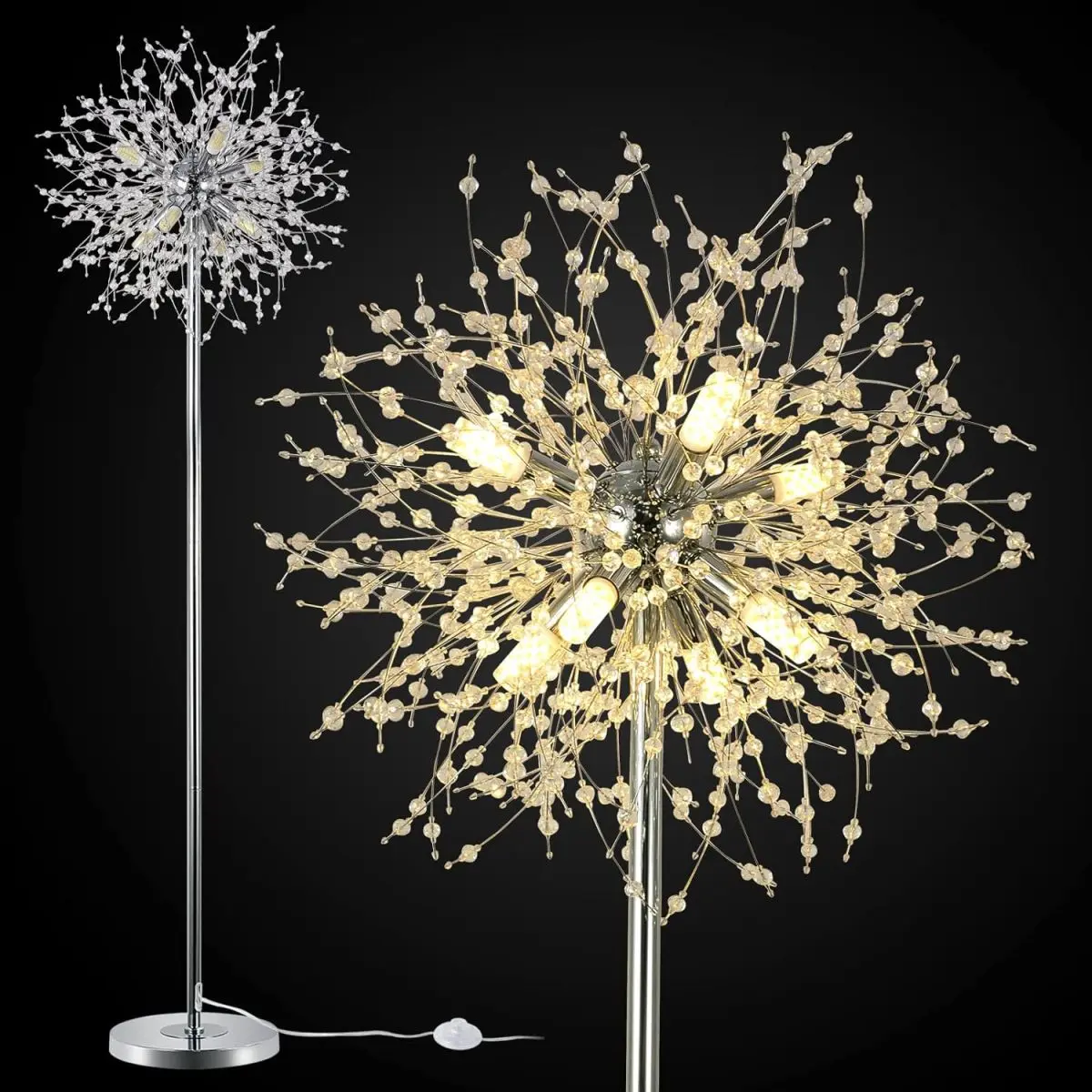 68.9 Inch Chrome Crystal Firework Floor Lamp, 8-Light G9 Sputnik Standing Lamp with Foot Switch, 32 Crystal Harnesses UL Compliant for Living Room Bedroom Decor (Bulbs Not Included)