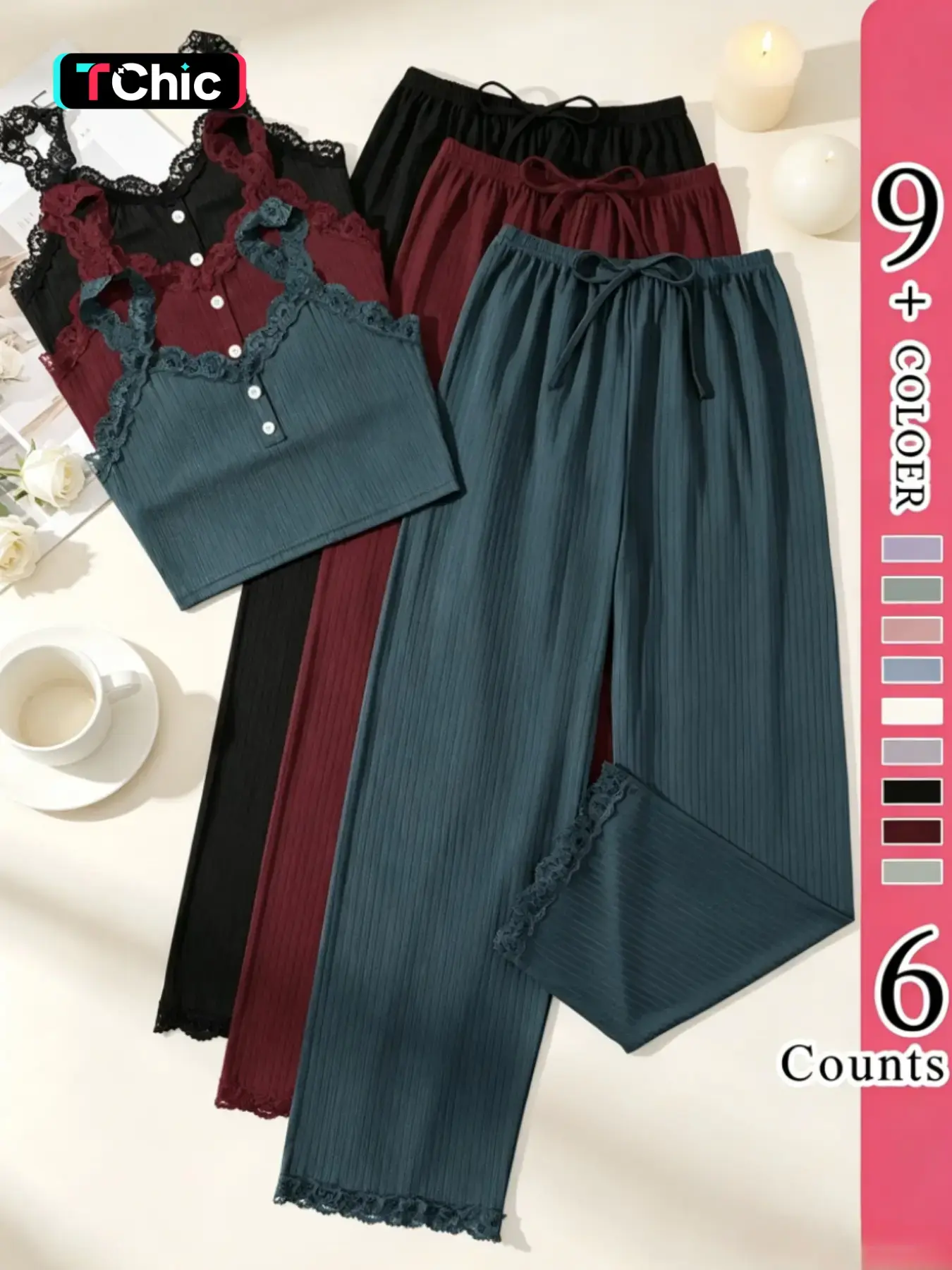 6-Piece Lace Trim Casual Tank Top and Pants Set, Ribbed Multi-Color Pajama Set, V-Neck Cami and Elastic Waist Long Pants, Women's Sleepwear, Loungewear