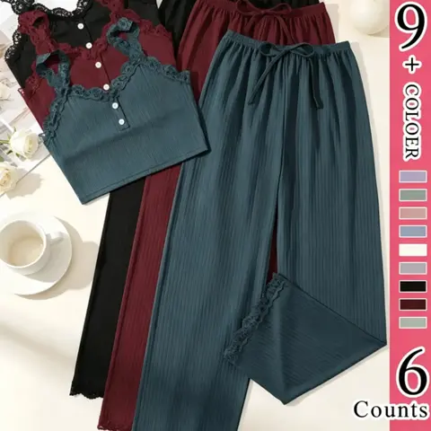 6-Piece Lace Trim Casual Tank Top and Pants Set, Ribbed Multi-Color Pajama Set, V-Neck Cami and Elastic Waist Long Pants, Women's Sleepwear, Loungewear, Pjs, Fall Pajama Sets