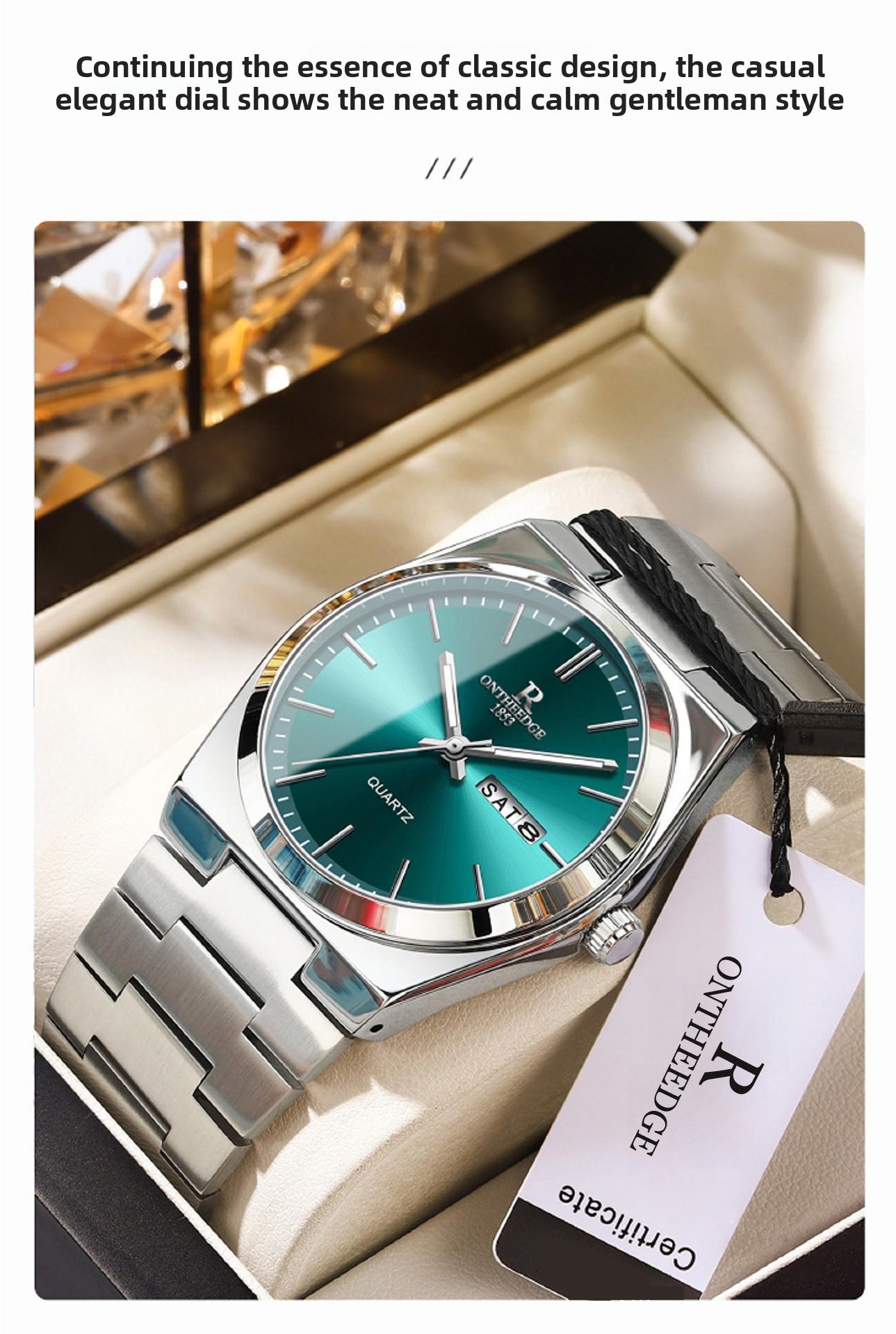 Men's Luxury Teal Green Dial Quartz Watch - Stainless Steel Wristwatch with Date Day Display, Waterproof, Luminous Hands, Classic Business Casual Dress Watch for Men, Perfect Gift for Husband Dad
