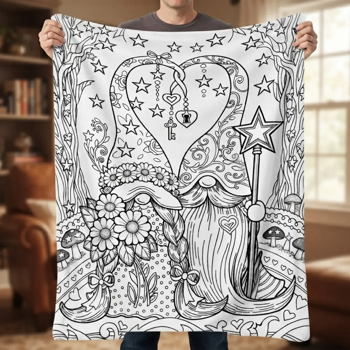 Dwarf Coloring Book Flannel Blanket, Adult Kids Family Gift Blanket, Vintage Hand-Drawn Dwarf Pattern Throw, Soft Cozy Nap Blanket for Sofa Bed Camping Travel, Multi-Purpose Warm Home Decor Blanket