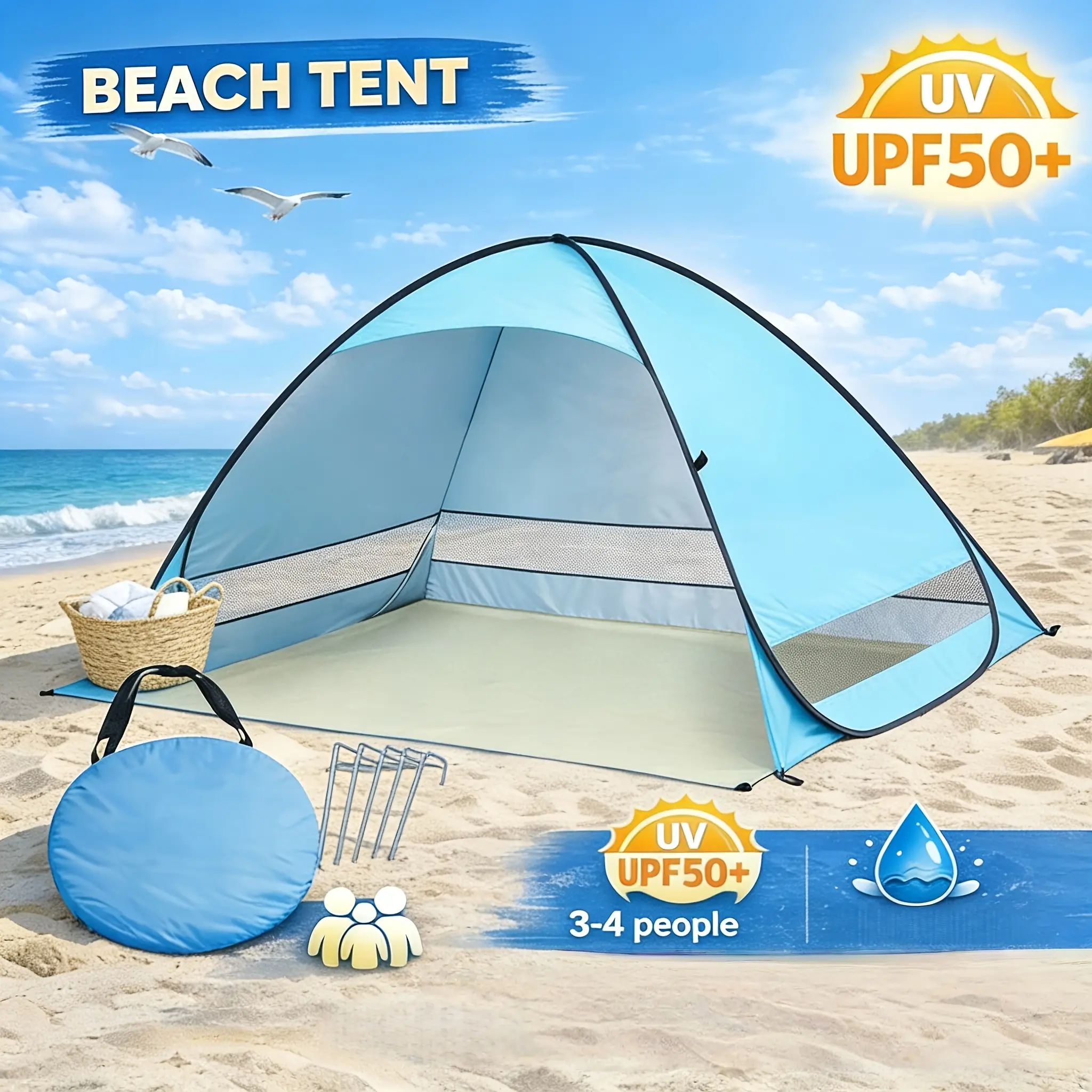 Portable No-Assembly Beach Tent, Outdoor Tent, Fully Automatic 2-Second Quick Setup, with Mesh Windows, Suitable for Beach, Camping, and Outings