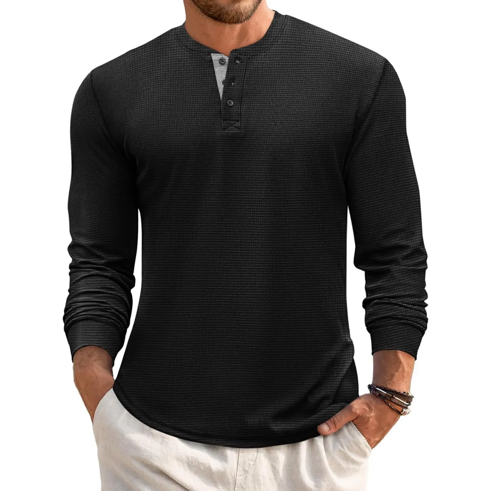 Aoysky Menswear Longsleeves Henley Top - Plain Round Neck, Waffle Button, Casual Basic Lightweight Men's Shirts, Casual Fit