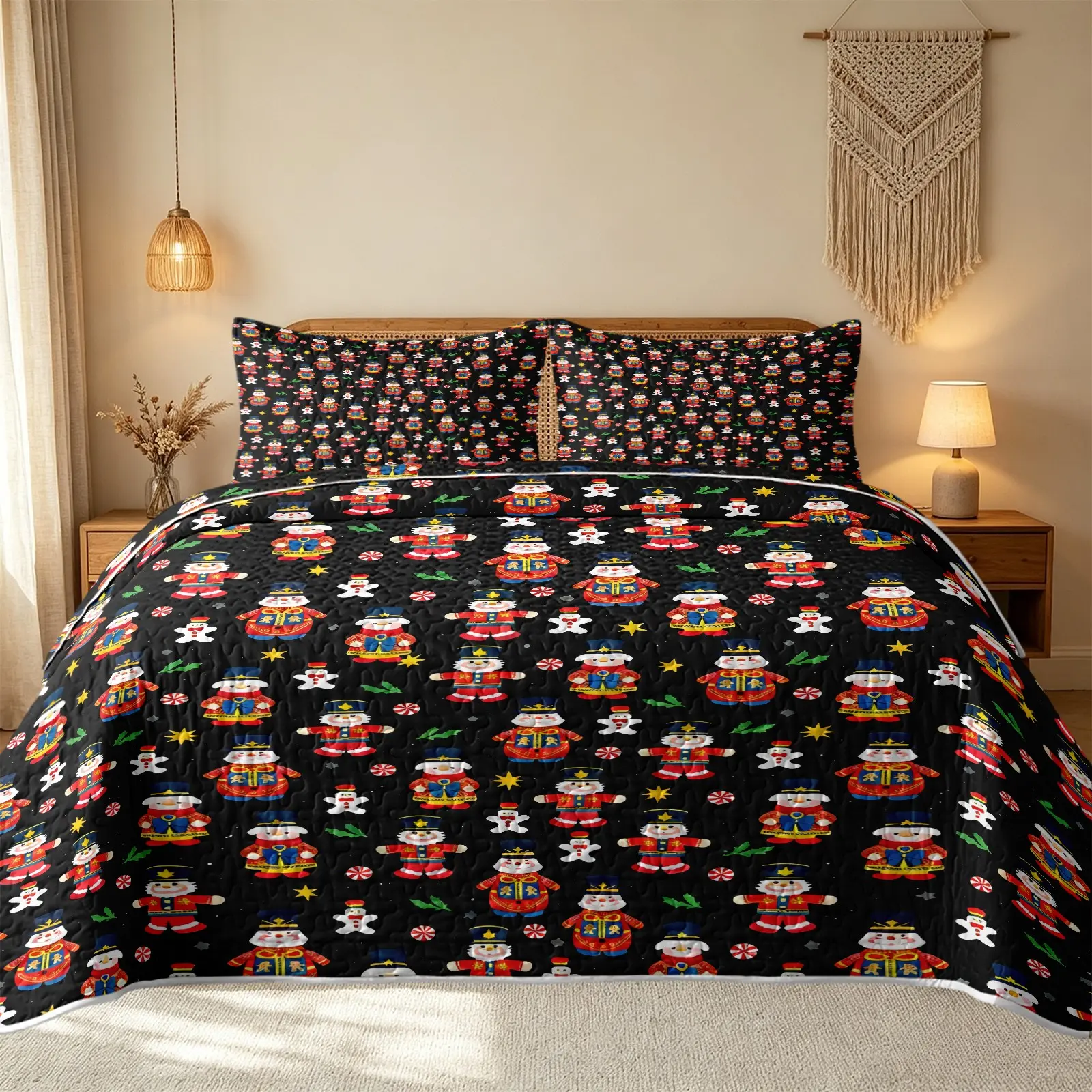 3Pcs Christmas Nutcracker Soldier Quilt Set, Printed Bedding Set, Includes 1 Quilt and 2 Pillowcases Black Background Nutcracker Doll Snowman All Over Print Retro Christmas Style Reversible Lightweight Bedding No Inner Filling All Season Christmas Gift