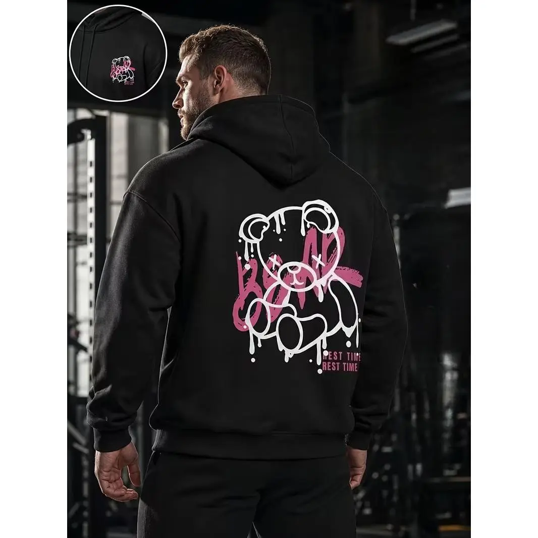 Men's Casual Breathable Fabric Oversized Cotton Hoodie - Cute Drip Bear Print, Embroidery Accent, Pink White Graffiti Design, Trendy Streetwear Pullover, Ideal Valentine Gift For Her