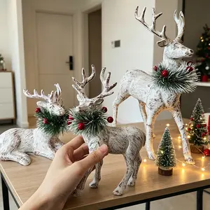 3PCS  Farmhouse Durable Plastic Christmas Reindeer Figurines, Vintage Distressed Sitting & Standing Tabletop Deer 6.3"-12.6" Tall with Berry & Pine Branch - Tiered Tray Coffee Table Entryway Shelf Mantel Decor