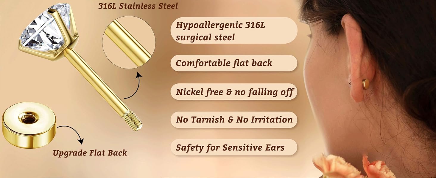 Jstyle Hypoallergenic Surgical Steel Earrings for Sensitive Ears Flat Back Stud Earrings for Women Small Stainless Steel Stud Hoop Screw Back Cartilage Earring Set for Multiple Piercing