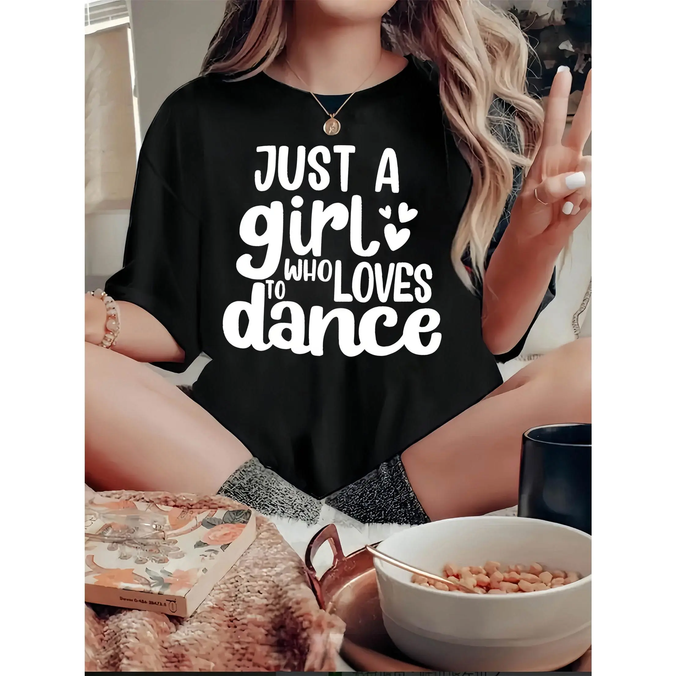 Women's White Oversized "Just a Who Loves to Dance" T-Shirt - Ballet & Ballroom Dance Slogan with Paw Print & Dance Step Graphics, Casual Short Sleeve Round Neck Tee for Ballet Practice, Dance Recitals & Casual Attire