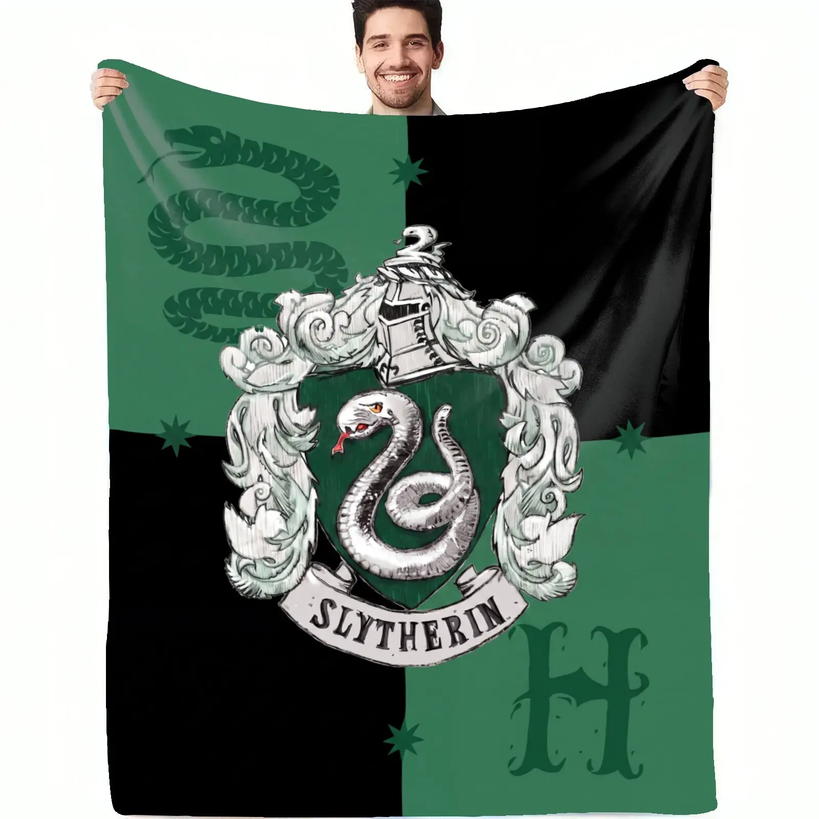 WB Slytherin House Crest Split Color Block Flannel Throw Blanket, Green Black Serpent Emblem Desk Mat, Wizarding House Fan Couch Bed Decor, Birthday Holiday Gift for Wizard Movie Enthusiasts