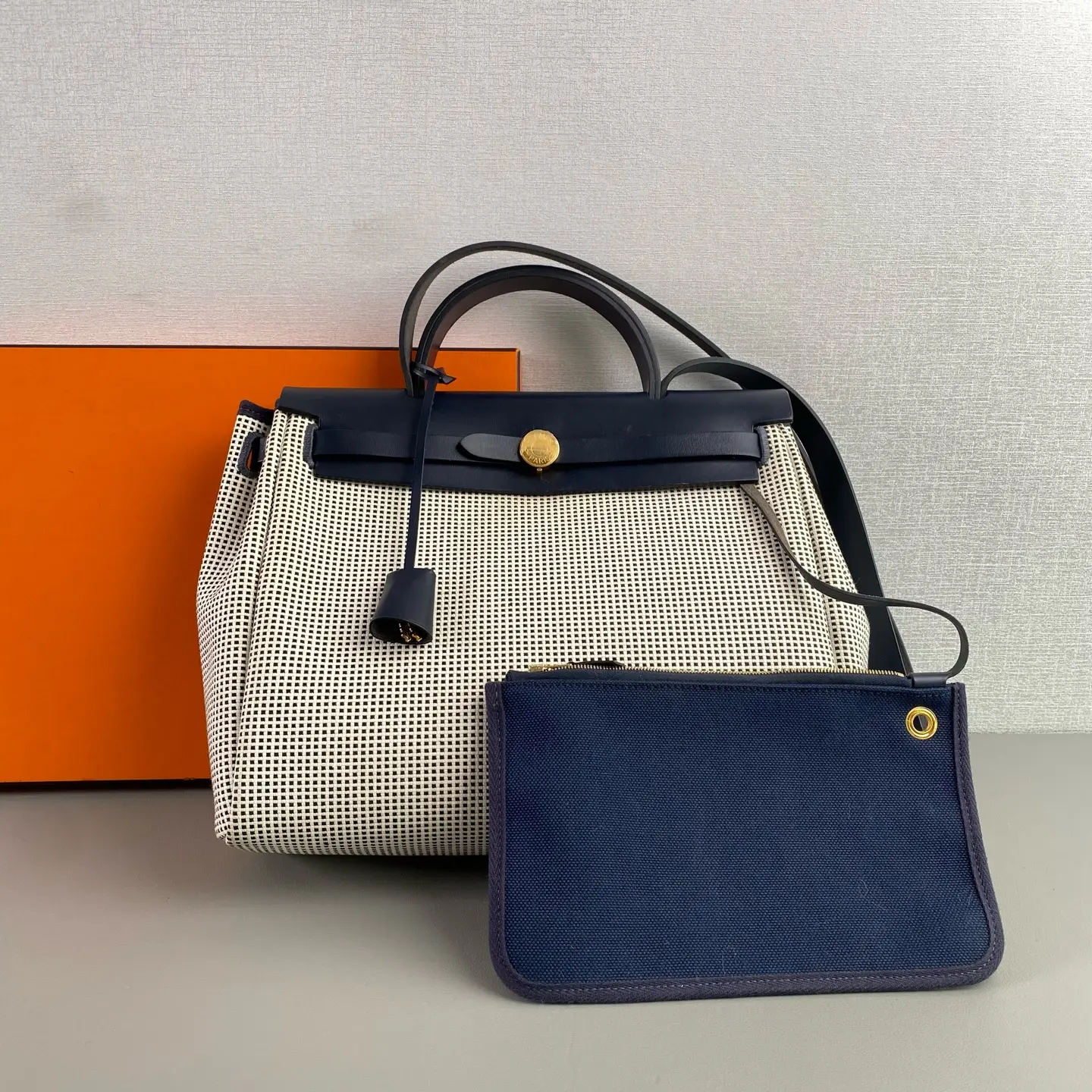 Pre-owned Hermes 2023 Bleu Marine and White H Vibration Toile Herbag Zip 31 with Palladium Hardware SC035