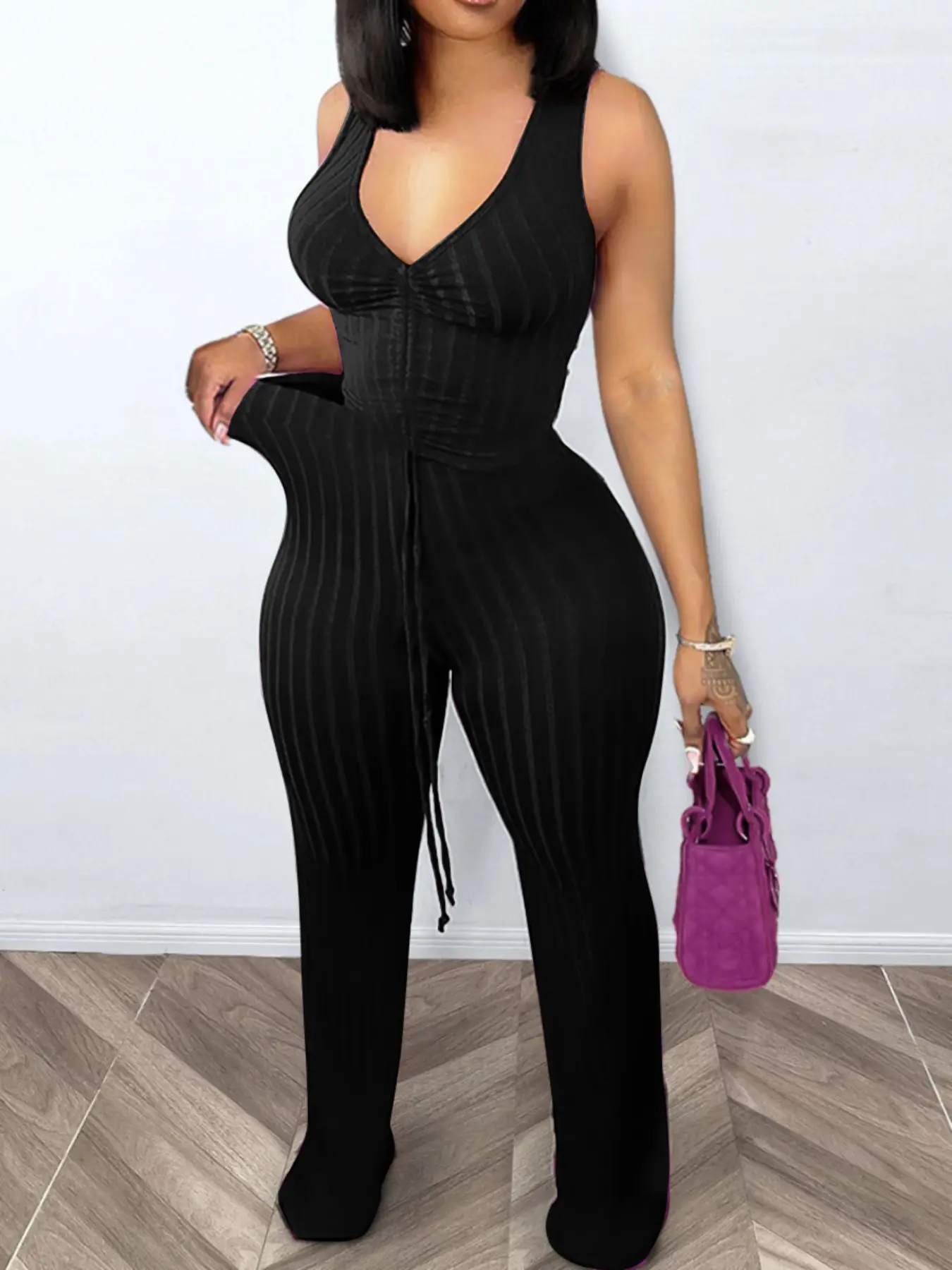 Sexy Tie-Back Deep V Vest Set, Two-Piece with Wide-Leg Pants, Casual Drawstring Design, High-Waisted Fitted Style