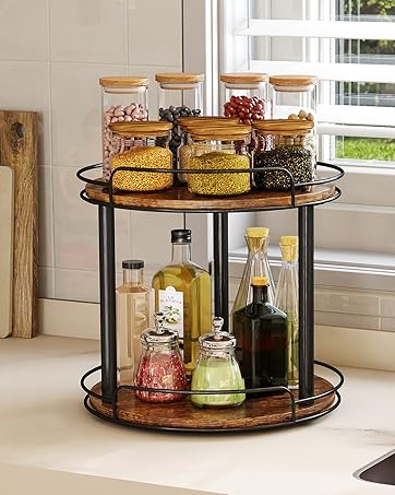 9.1'' Wood Lazy Susan Turntable Organizer for Cabinet, 2 Tier Lazy Susan Spice Rack Organizer for Kitchen, Table Top, Countertop, Pantry, Medicine Organizer