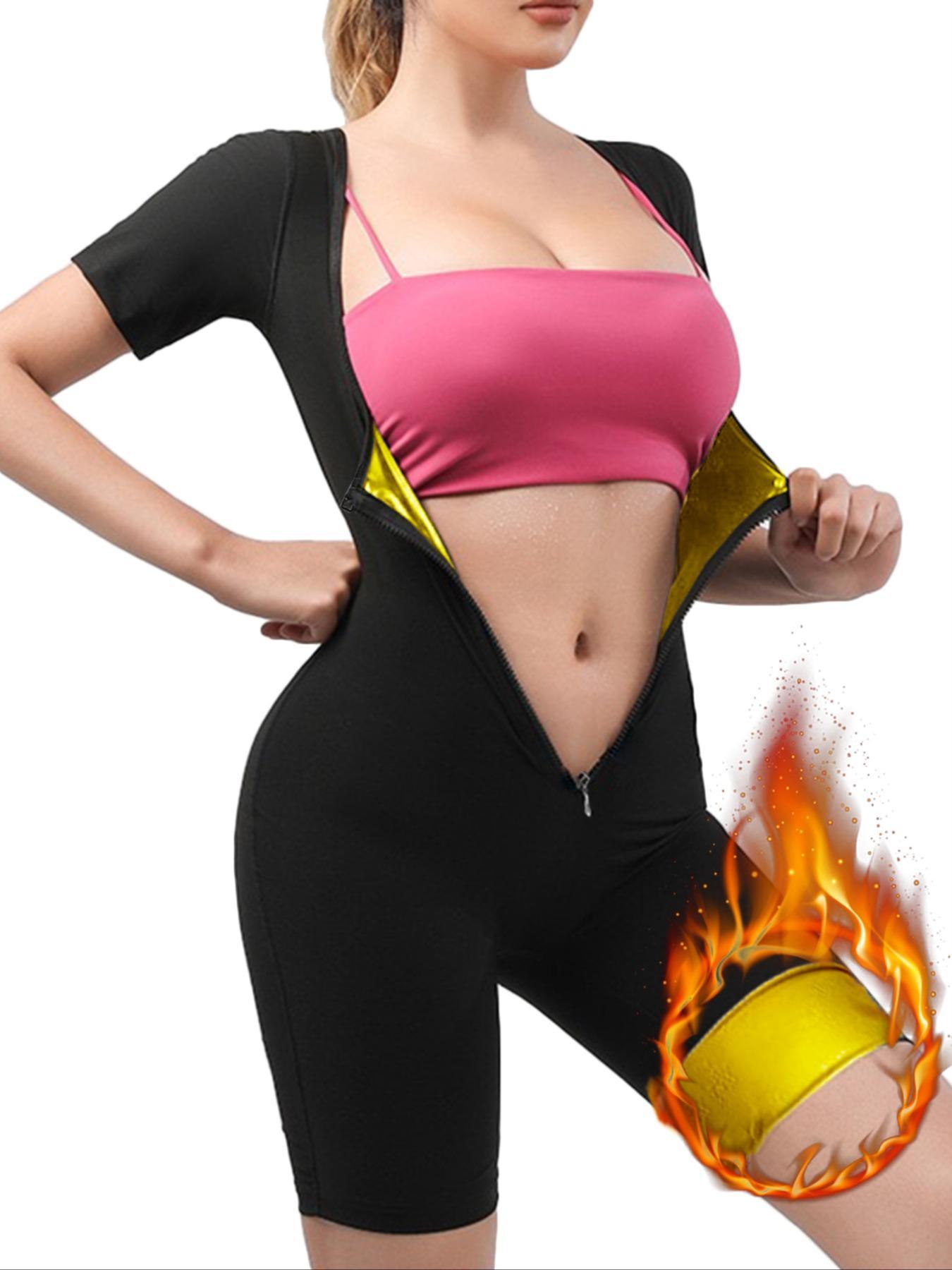 Women's Plain Zip Front Sports Shapewear Romper, Summer Clothes, Sporty Tight-fit Tummy Control Short Sleeve Shapewear Jumpsuit, Ladies Sauna Clothes for Workout Gym Exercise Fitness, Fitness Sport Outfits, Womenswear
