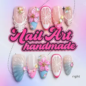 Delicatething Y2K Style Almond Artificial Nails, Handmade, 4 Sizes XS-S-M-L, Perfect for Parties, Dates, Includes Jelly Glue, Crystal Stick, File