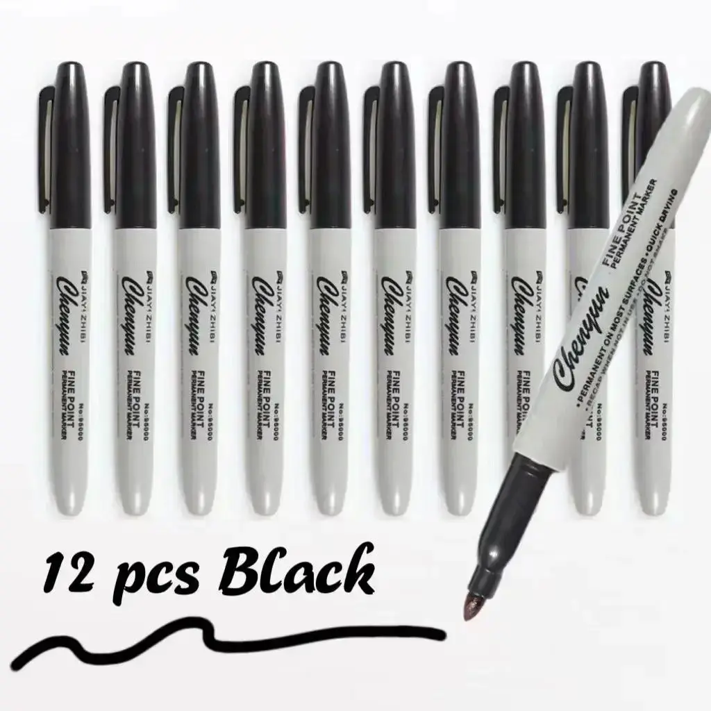 Permanent Marker Pens, 12-Pack Fine Point Waterproof Fast-Drying, Smooth Writing, Office School Use, Back-To-School, Valentine's Gift